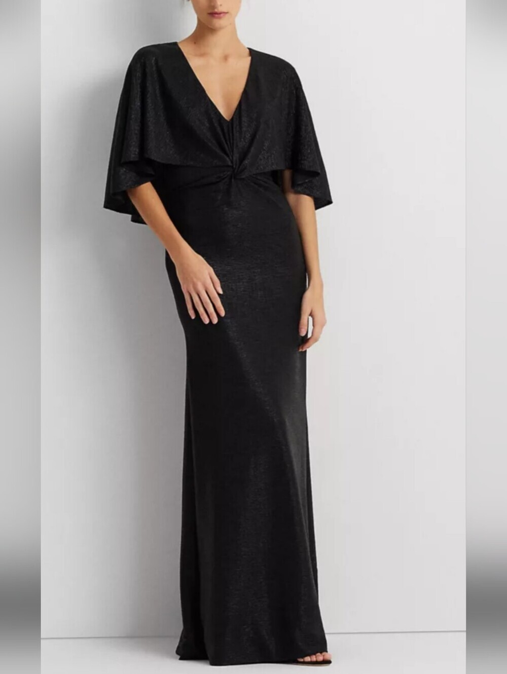 LAUREN RALPH LAUREN METALLIC  KNIT TWIST FRONT CAPE GOWN SZ14. BLACK   WEDDING
